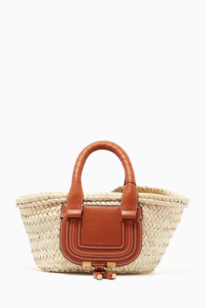 

Mini Marcie Basket Bag in Raffia & Grained Calfskin, Brown