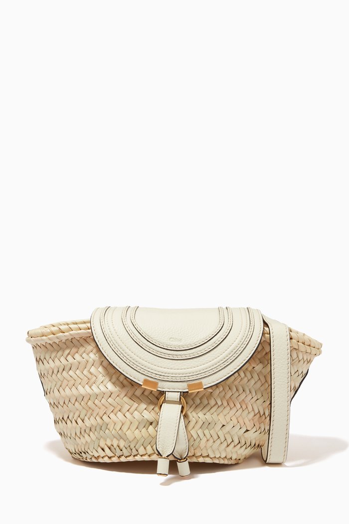 

Small Marcie Basket Bag in Raffia & Grained Calfskin, White