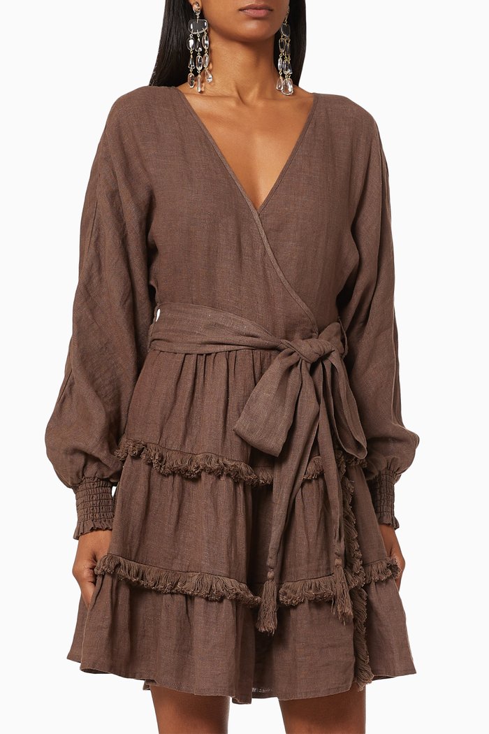 

Wilderness Linen Mini Wrap Dress, Brown