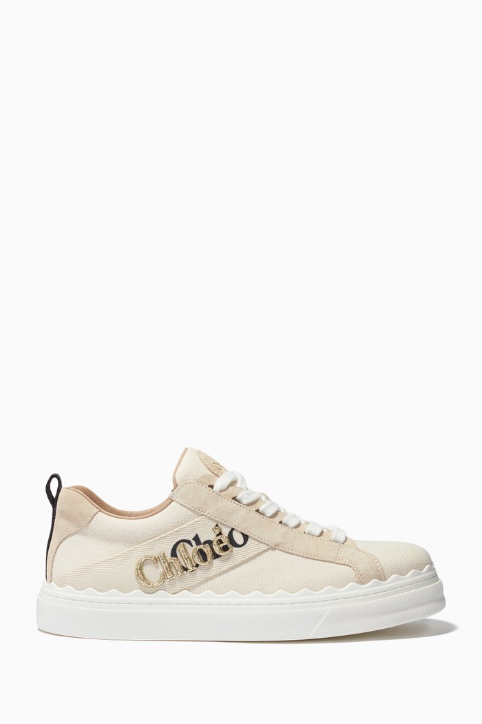 

Embroidered Logo Sneakers in Canvas & Suede Leather, White