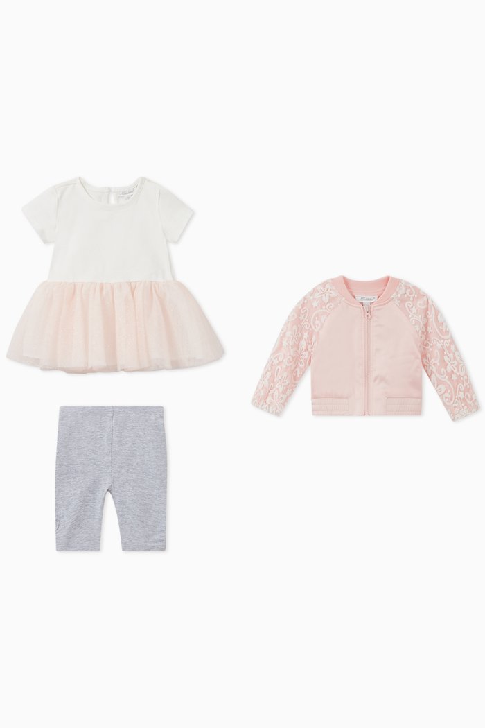 Floral Jacket, Tulle Top & Jersey Leggings Set, Pink