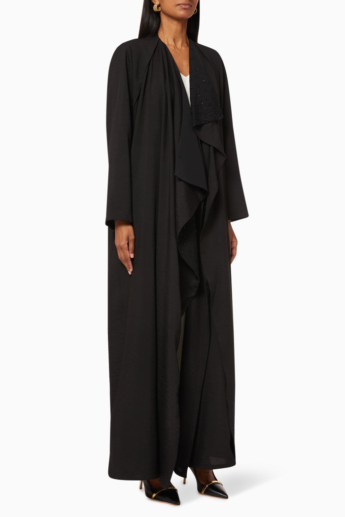 Beaded Ruffled Crêpe Abaya, Black