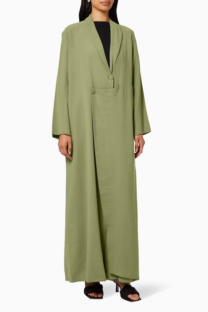 

Overlapped Buttoned Cotton Crêpe Abaya, Green