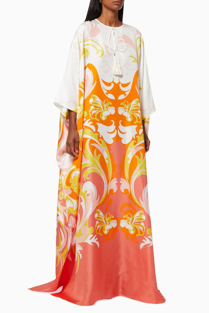 

Tropicana Print Kaftan in Silk Twill, Orange