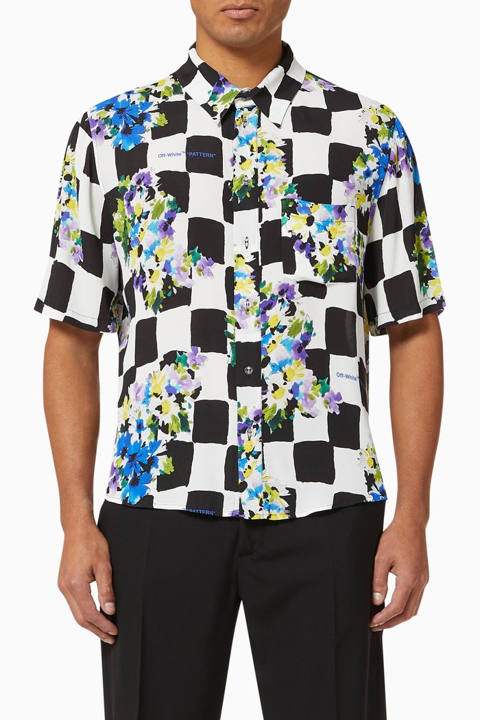 

Checkered Flowers Holiday Shirt in Cotton, Black