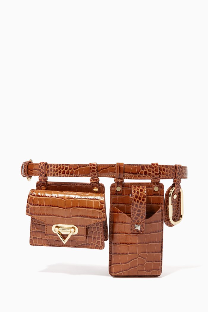 

Jacky Multi-function Belt Bag in Croc-embossed Leather, Brown