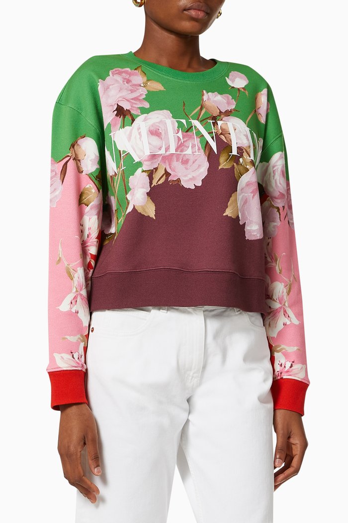 Flying Flowers Sweatshirt in Cotton Blend Jersey, Multicolour