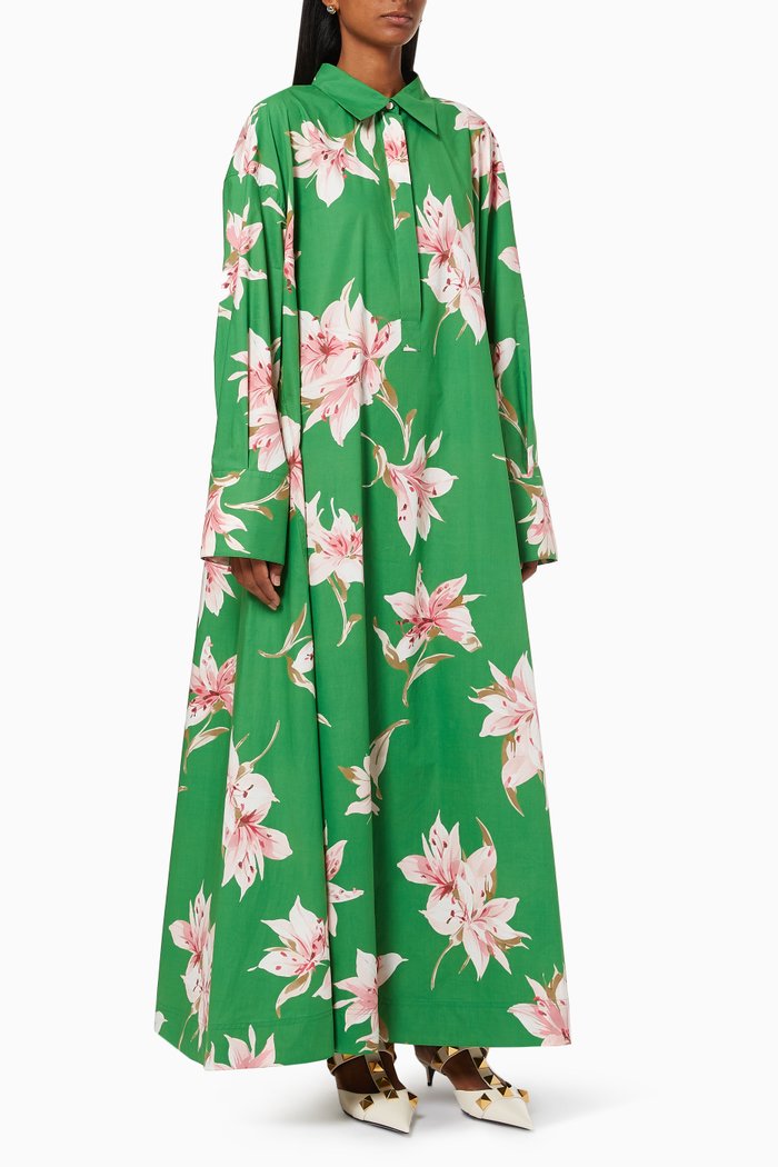 

Lilium Print Evening Dress in Cotton Poplin, Green