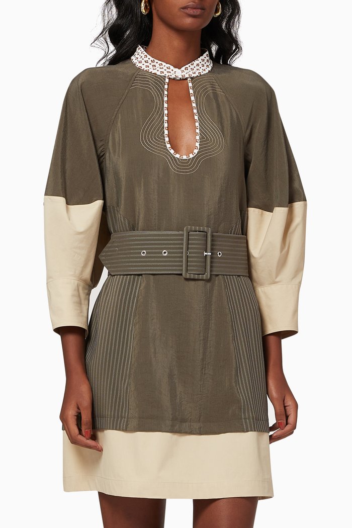 

Puff-sleeve Mini Dress in Washed Silk Poplin, Brown