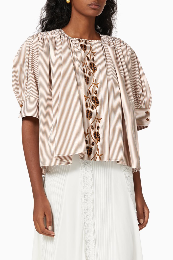 

Embroidered Striped Shirt in Cotton Poplin, Neutral