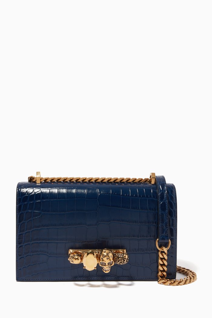 

Mini Jewelled Satchel in Croc-embossed Leather, Blue