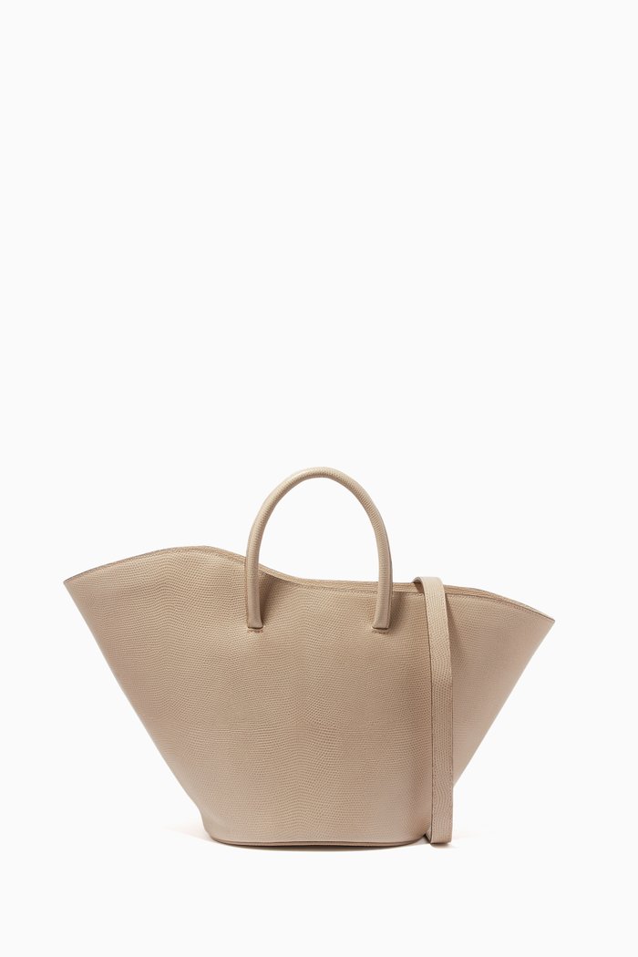 

Open Tulip Medium Tote Bag in Lizard Embossed Calf Leather, Neutral