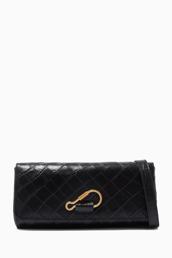 

Hook Baguette Shoulder Bag in Croc-embossed Calf Leather, Black