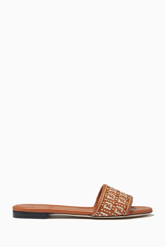 

FF Interlace Slides in Woven Leather, Brown