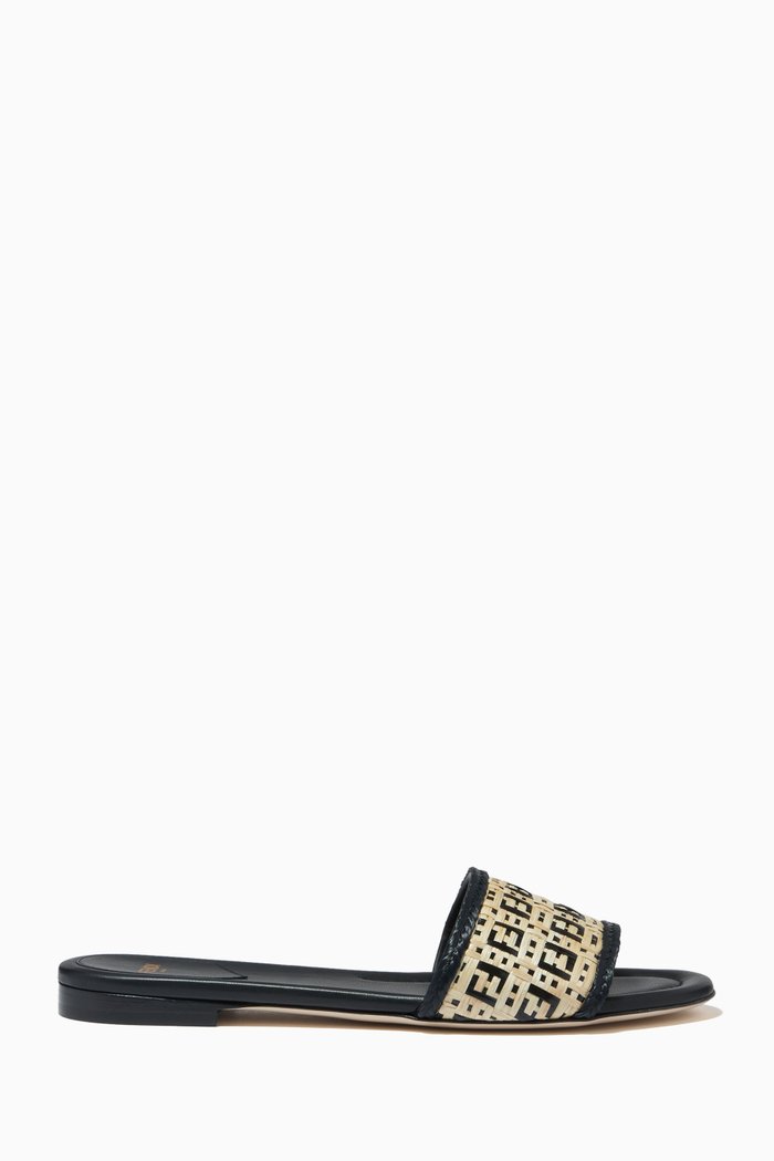 

FF Interlace Slides in Woven Raffia, Neutral