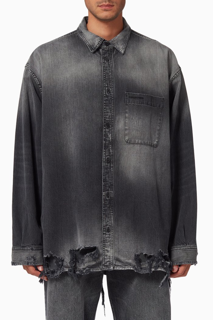 

Destroyed Large Fit Shirt in Organic Japanese Denim, Grey