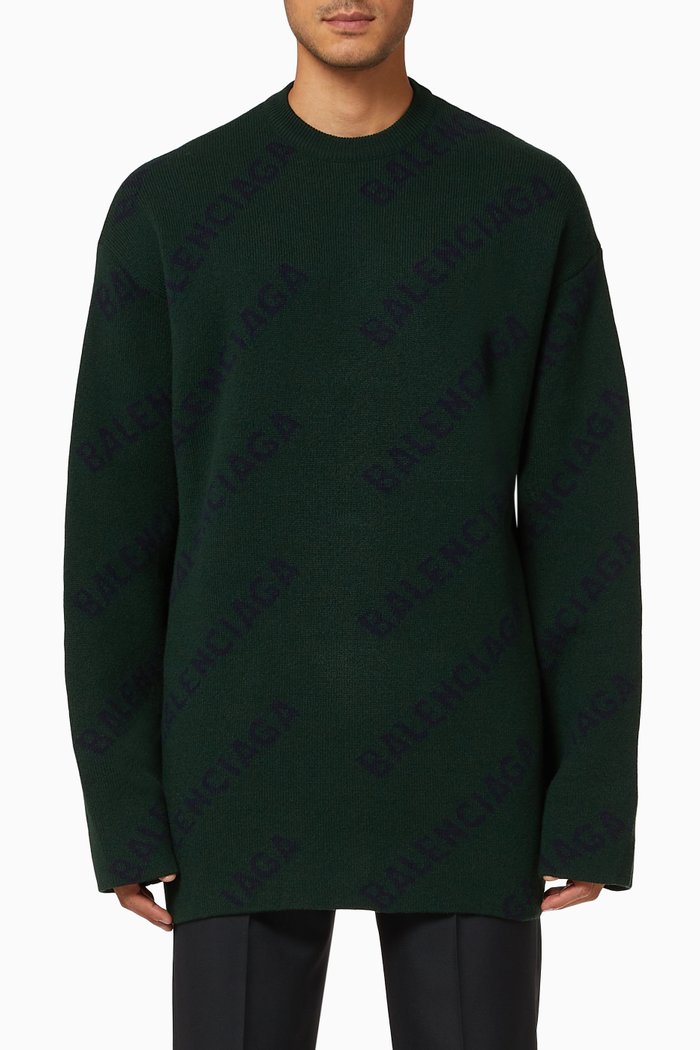 

All-over Logo Crewneck Sweater in Wool-blend Jacquard Knit, Green