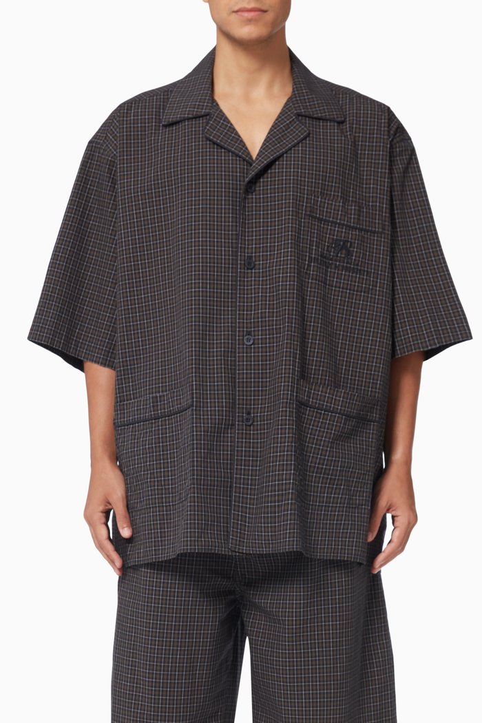 

Pyjama Shirt in Micro Tartan Cotton Poplin, Blue