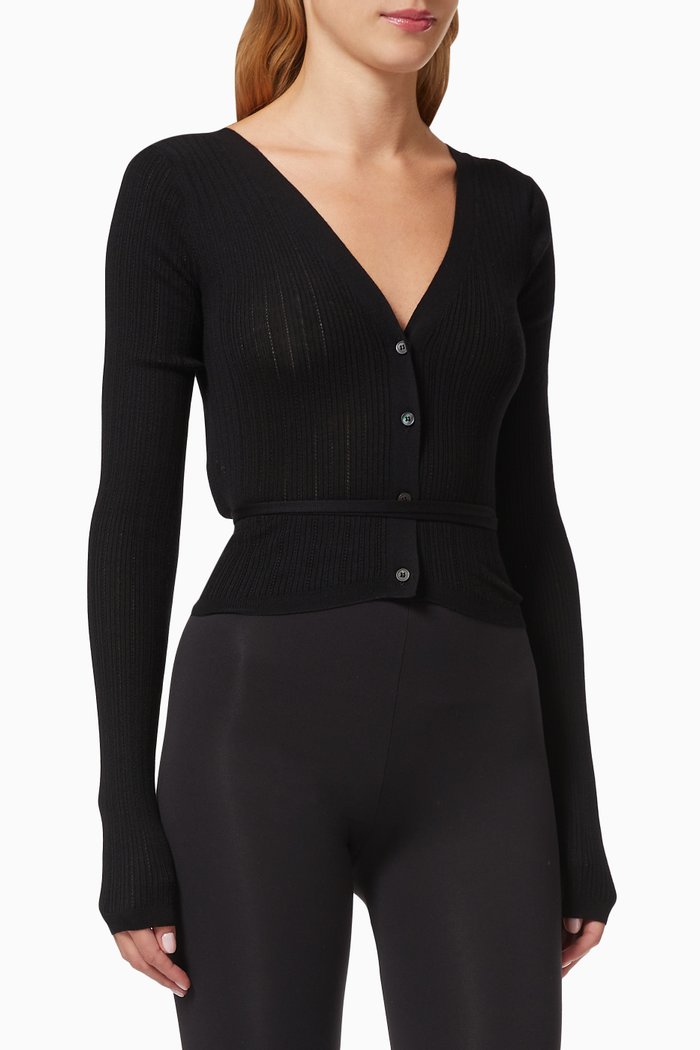 

Cropped Cardigan in Ribbed Wool Knit, Black
