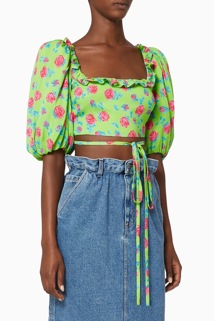 

Floral Silk Crêpe Cropped Top, Green