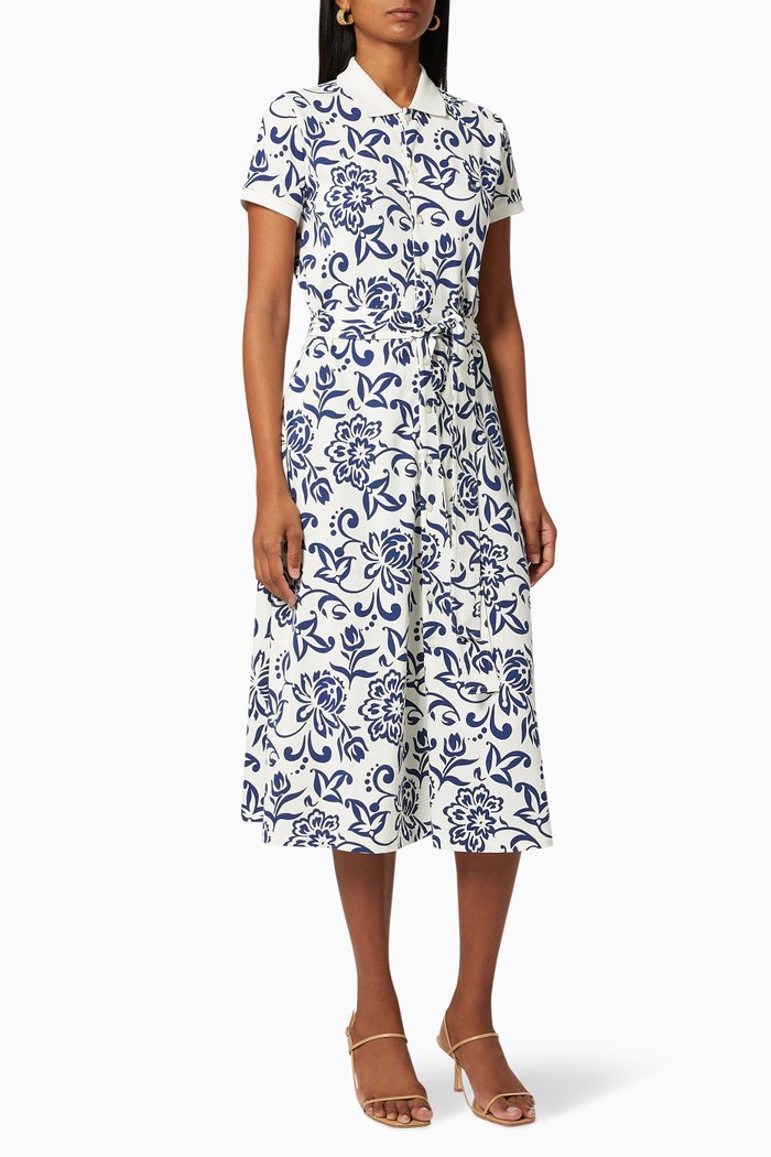 Floral Woodblock Belted Cotton Dress, Multicolour