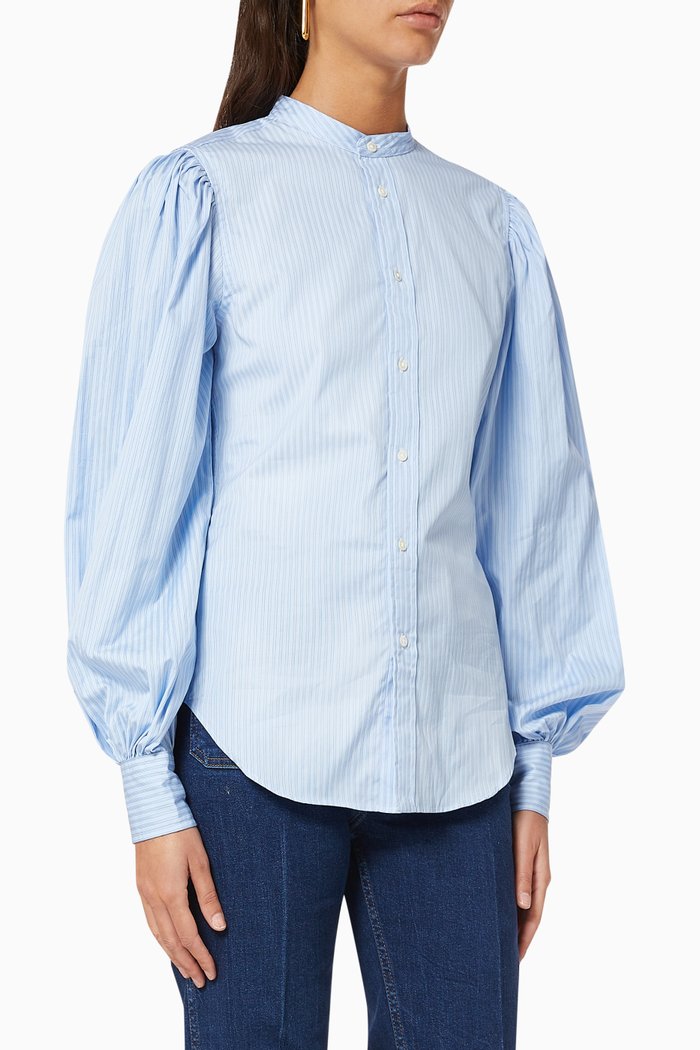 

Blouson-Sleeve Shirt in Striped Cotton, Blue