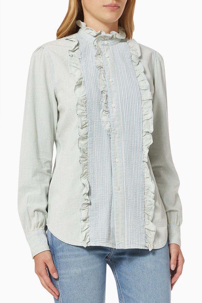 

Shirt with Ruffle Trim in Chambray, Blue