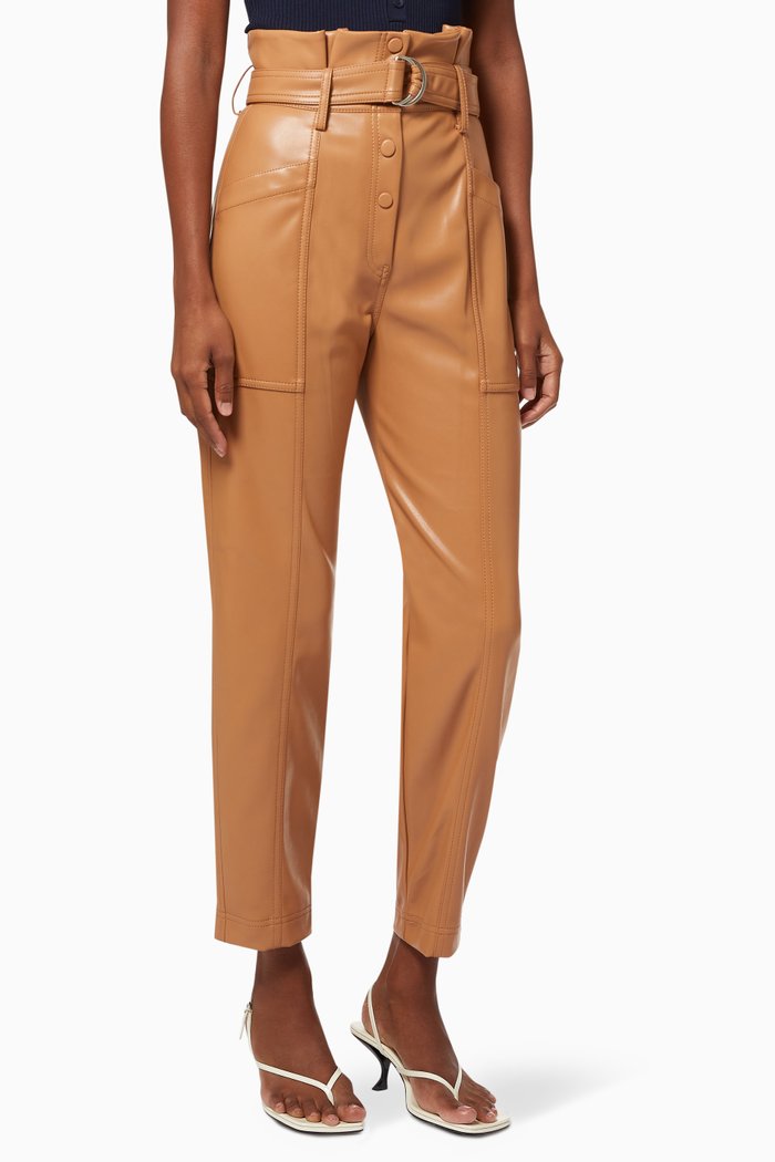 Leela Paperbag Trousers in Vegan Leather, Brown