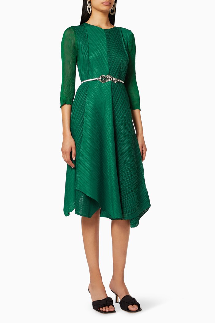 

Grace Asymmetric Belted Dress, Green