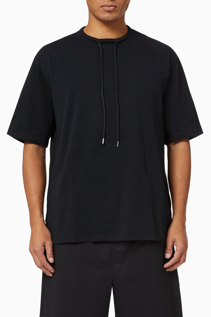 Drawstring Collar T-shirt in Cotton, Black