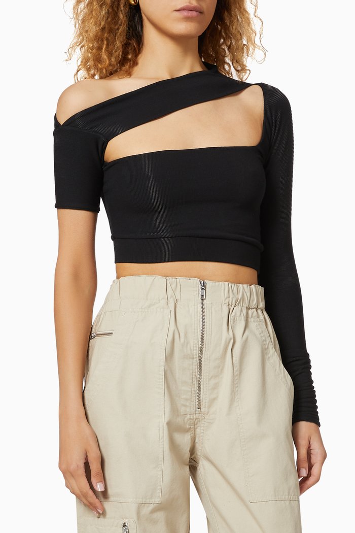 

Slanted Long Sleeve Crop Top, Black