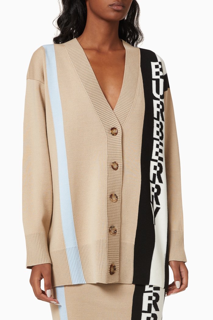 

Cardigan with Logo Jacquard in Merino Wool Blend, Neutral