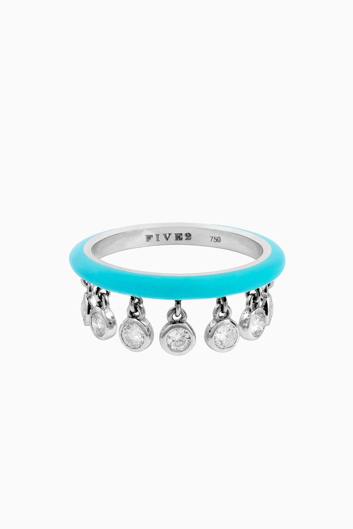 

Enamel Drop Ring with Diamonds in 18kt White Gold, Blue