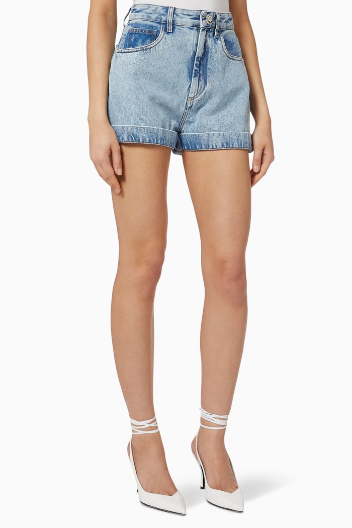 

High-waisted Embellished Button Shorts in Denim, Blue