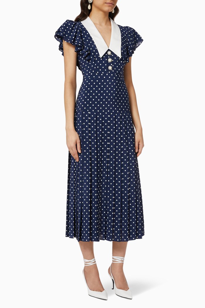 

Polka Dot Ruffled Dress in Silk, Blue