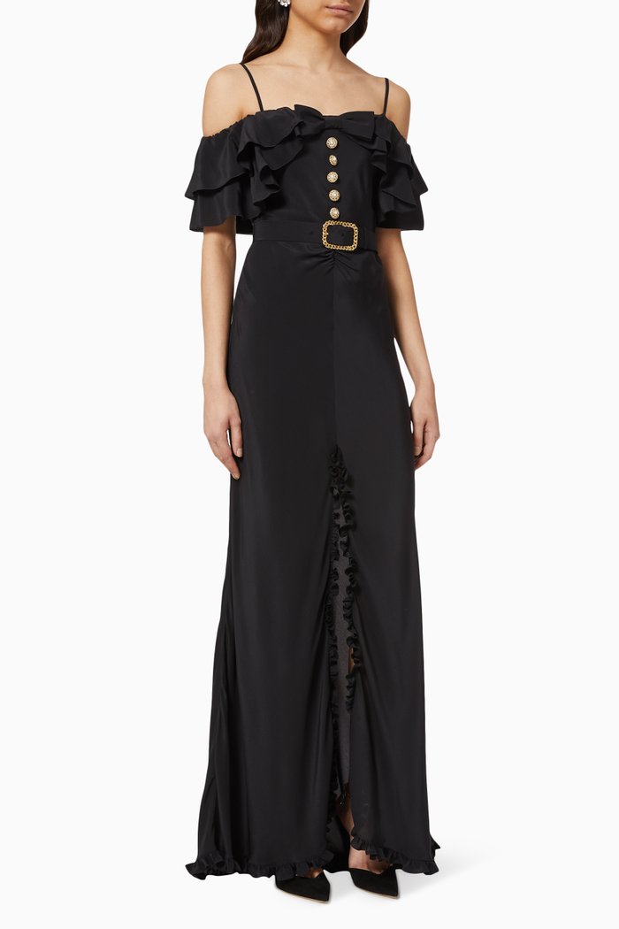 

Long Dress with Ruffles in Silk, Black