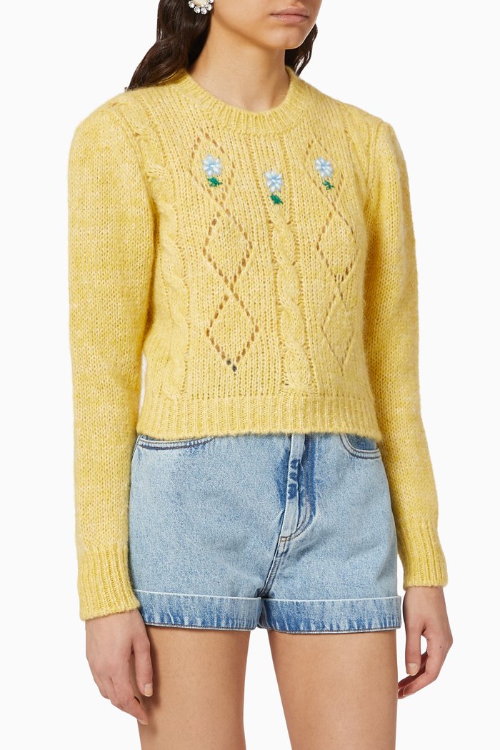 Floral Sweater in Melange Wool, Yellow