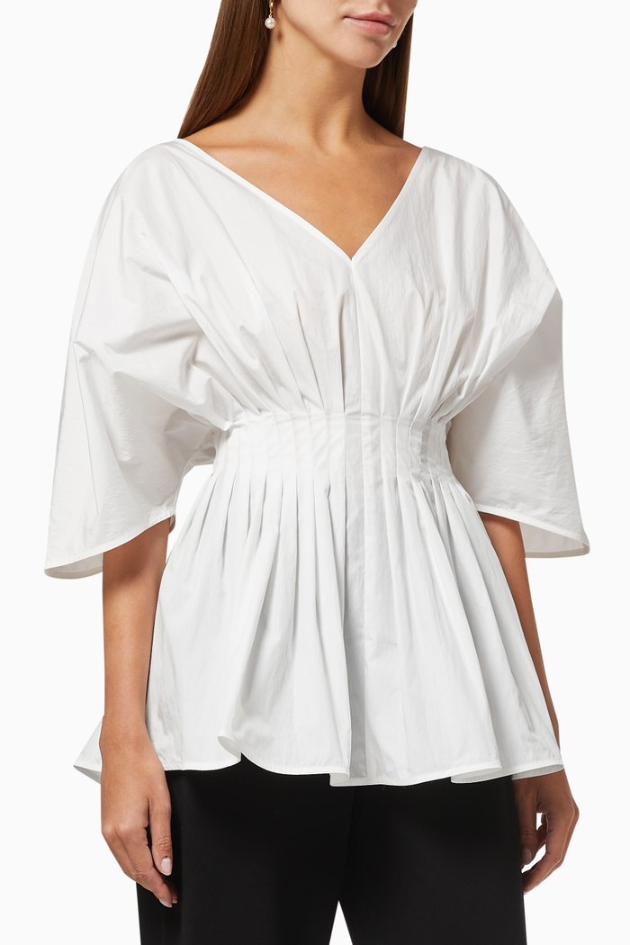 

Tucked Waist V-neck Blouse in Cotton Nylon Shirting, White