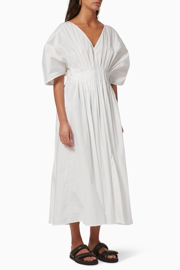 

Tucked Waist V-neck Dress in Cotton Nylon Shirting, White