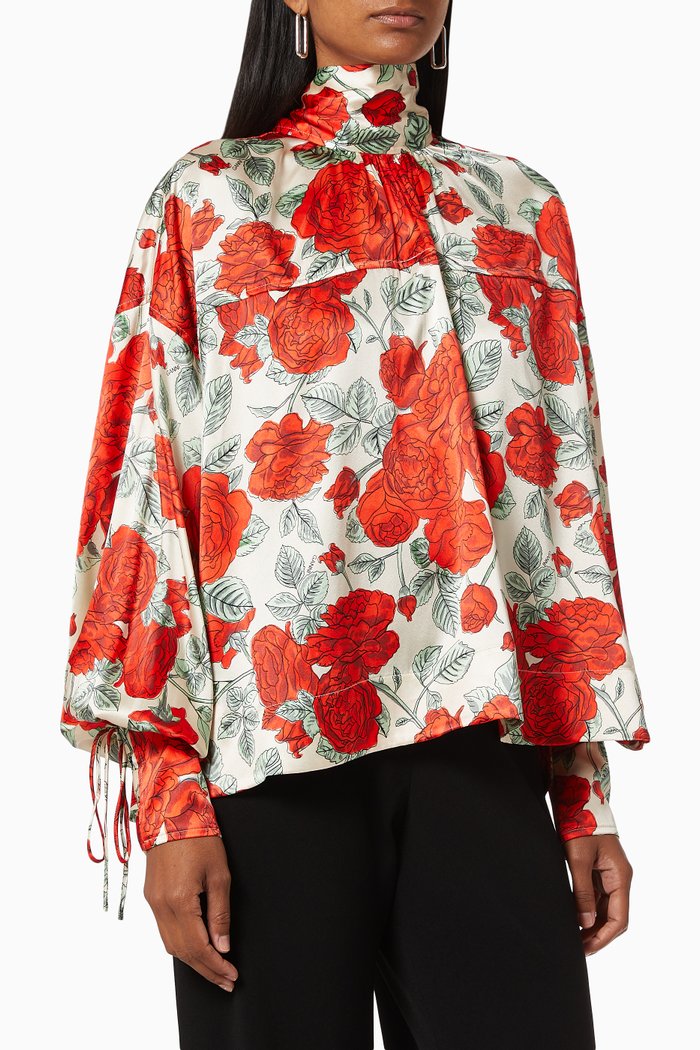 

Floral Blouse in Silk Satin, Red