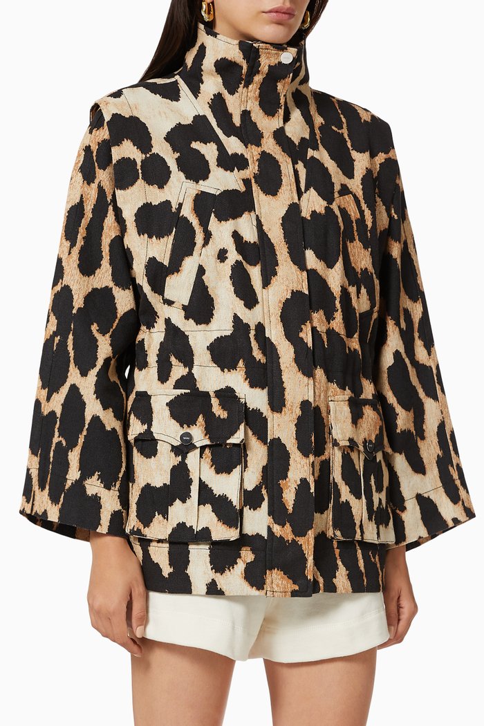 

Leopard Print Linen Canvas Jacket, Brown