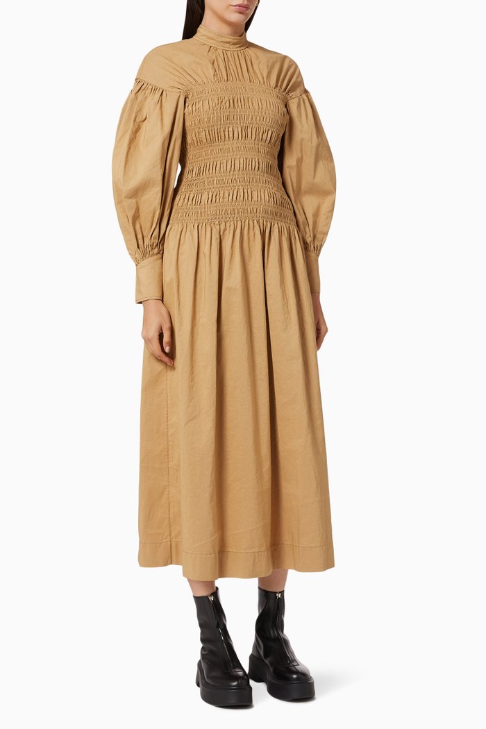 Smocked Cotton Canvas Midi Dress, Neutral