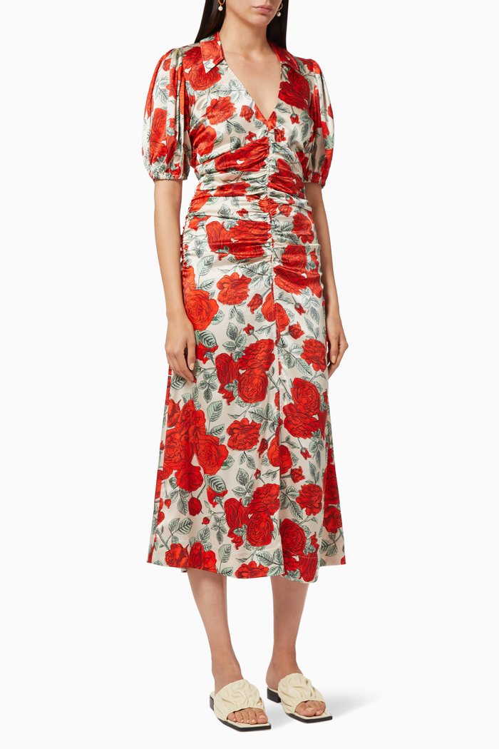 

Floral Dress in Silk Satin, Red