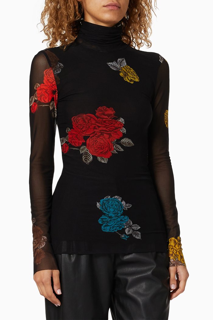 Floral Mesh Turtleneck Top, Black
