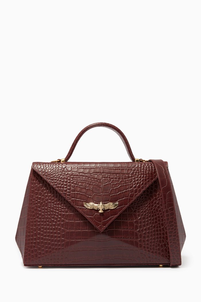 

Small Pyramid Top Handle Bag in Croc-embossed Leather, Burgundy
