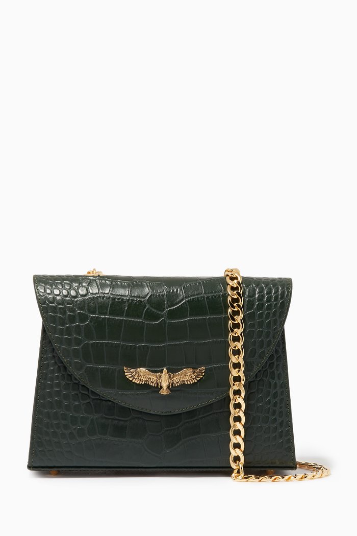 Eagle Marshall Shoulder Bag in Croc-embossed Leather, Green