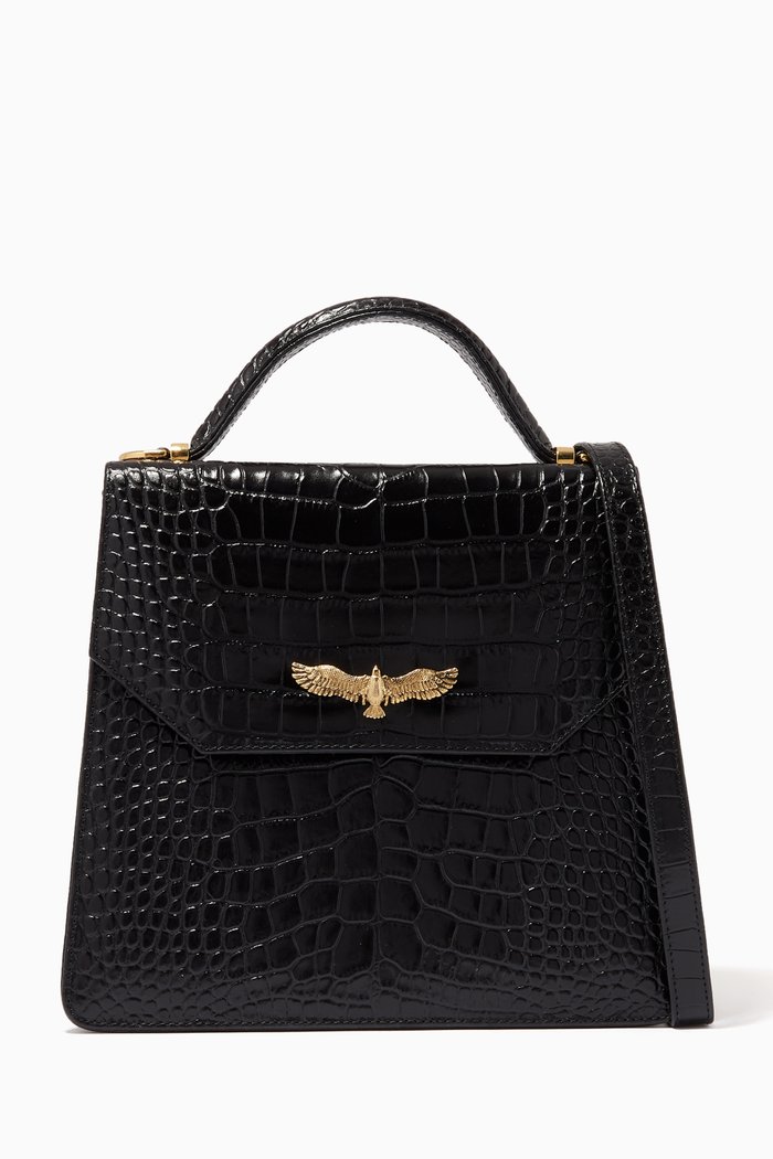 

Ciel Top Handle Bag in Croc-embossed Leather, Black