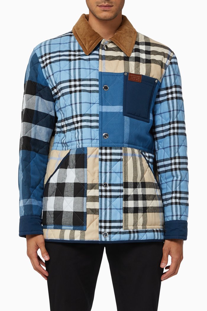 

Overshirt with Corduroy Collar in Patchwork Check Cotton, Blue