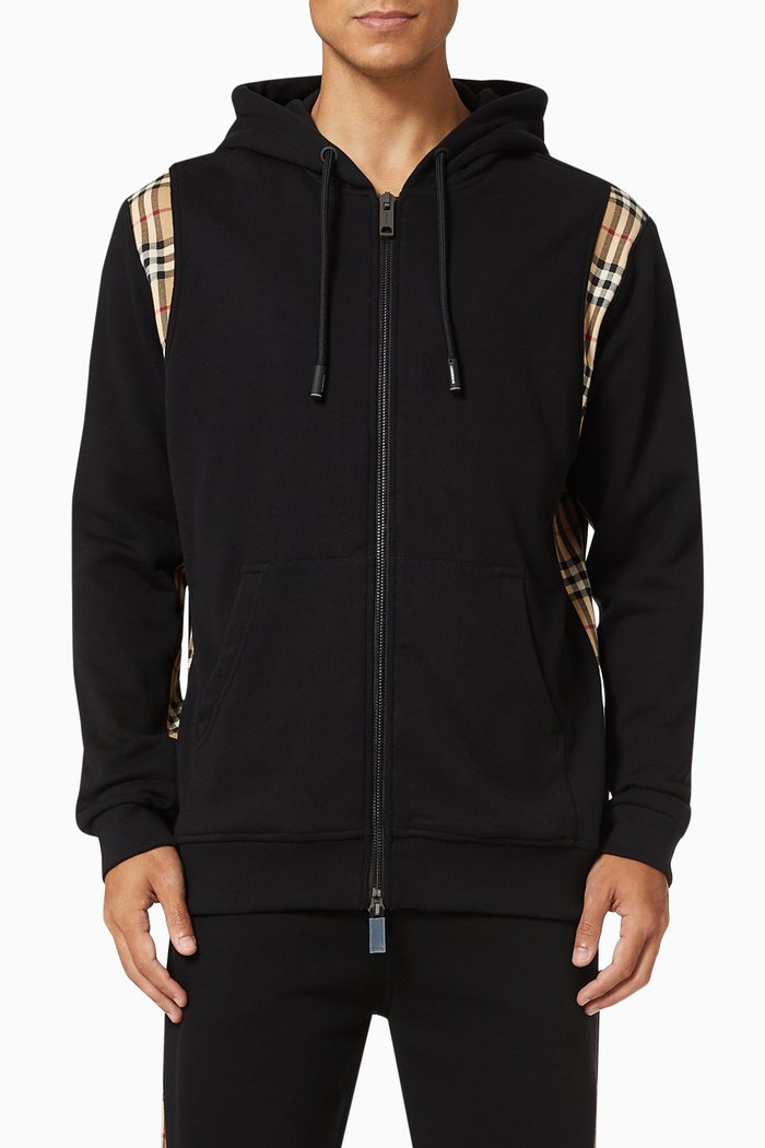 

Hooded Top with Vintage Check Panel in Cotton, Black