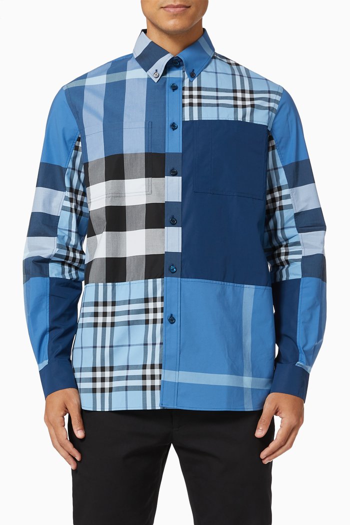 

Shirt in Check Patchwork Cotton Poplin, Blue